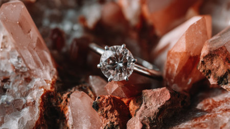 A striking diamond ring elegantly placed among stunning raw crystals on a natural geode background, perfect for showcasing luxury and beauty.の素材