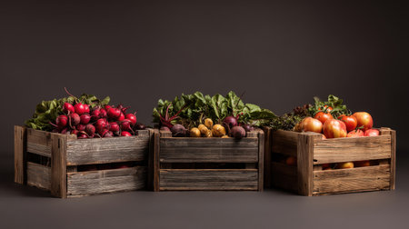 Vibrant wooden crates filled with an assortment of freshly harvested vegetables showcase nature's bounty in a rustic presentation. Perfect for organic markets.の素材