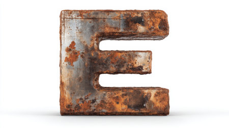 This image features a rusty metal letter E showcasing an industrial design. Its weathered texture adds vintage charm perfect for decor or artistic projects.の素材