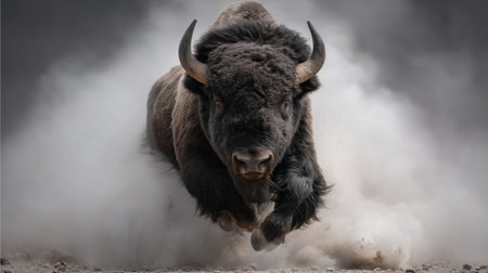 A striking image of a bison charging through a cloud of dust, showcasing its immense strength and speed in a natural habitat. The dramatic scene captures the essence of wild animal behavior and the beauty of untamed nature.の素材
