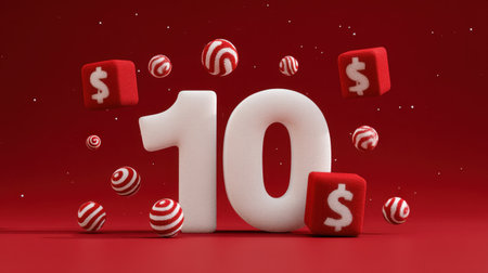 A vibrant and fun 3D illustration featuring the number ten, surrounded by playful dollar signs and colorful balls, ideal for finance or promotional themes.の素材