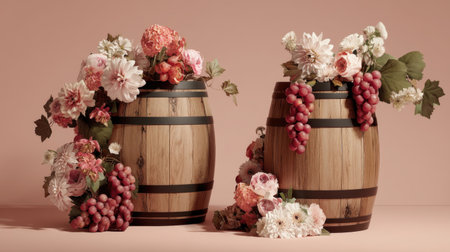 Two rustic wooden barrels overflow with vibrant flowers and fresh grapes, creating a charming and whimsical centerpiece ideal for celebrations.の素材