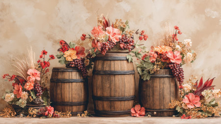 This stunning still life features a collection of rustic wooden barrels adorned with vibrant flowers, leaves, and grapes, creating an inviting atmosphere.の素材