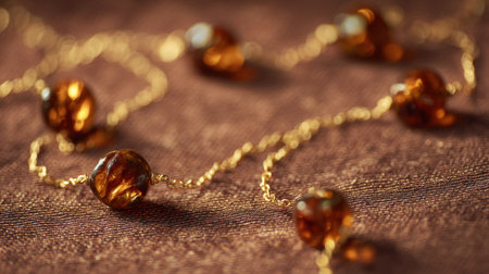 This beautiful amber necklace features a delicate golden chain that complements the warm hues of the polished amber beads, perfect for elegance.の素材