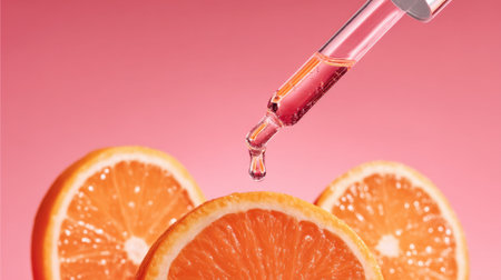 A vibrant composition showcasing fresh orange slices with a dropper releasing liquid, set against a pink background. Perfect for health, beauty, and culinary themes.の素材