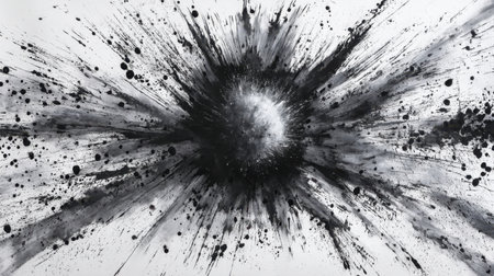 This striking abstract artwork features dramatic bursts of black ink against a white background, creating a captivating visual effect full of movement and energy.の素材