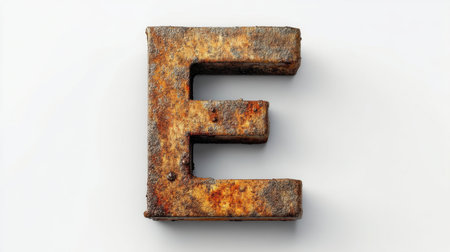 This image showcases a rustic metal letter E featuring intricate corrosion and textures. Perfect for various design projects and creative typography.の素材