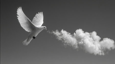 A striking black and white image of a white bird soaring gracefully in the air, releasing a cloud of smoke, creating a surreal and tranquil scene.の素材