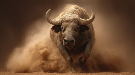 An intense image of a powerful buffalo charging through dusty terrain, showcasing its strength and fierce expression in a dramatic light setting.の素材