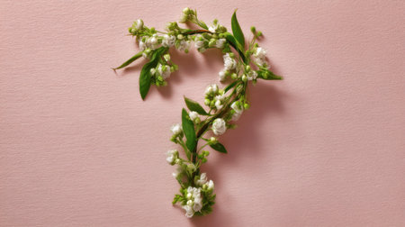 A beautifully crafted arrangement of delicate white flowers and green leaves forms a question mark on a soft pink background, evoking curiosity and natural beauty.の素材