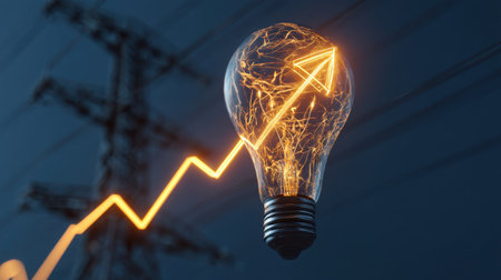 A striking image of a light bulb with a rising electric arrow, symbolizing growth and innovation in the energy sector. Perfect for business and technology themes.の素材