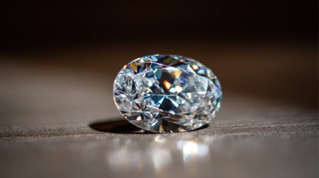 An exquisite oval cut diamond resting on a wooden surface, showcasing its exceptional brilliance and clarity. The image captures the intricacies of light reflections and vibrant colors, emphasizing the gemstone's luxurious appeal. Perfect for design or jewelry projects.の素材