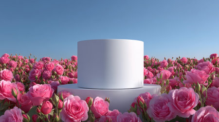 A pristine white cake stand surrounded by lush pink roses under a bright blue sky, perfect for showcasing desserts and floral art.の素材