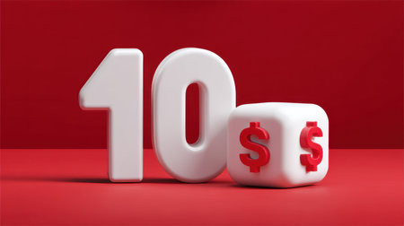 A striking visual featuring a bold number ten alongside a white dice displaying a dollar sign. Perfect for conveying financial themes.の素材