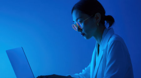 A young woman focuses intently on her laptop in a serene blue-lit environment, showcasing a modern workspace and professional style, perfect for themes of productivity and creativity.の素材
