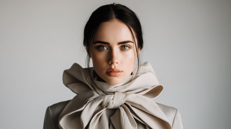 A striking portrait of a stylish woman adorned in a large scarf and elegant makeup, capturing the essence of modern fashion and beauty trends.の素材