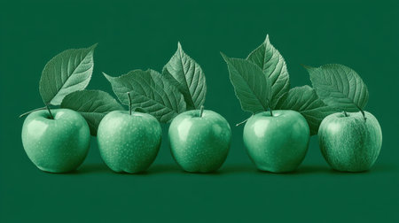 Vibrant green apples with fresh leaves arranged against a solid green background, perfect for highlighting healthy food choices and nature.の素材
