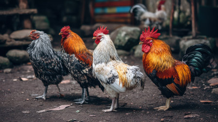 A stunning display of four roosters, each showcasing unique and vibrant plumage, stands confidently against an earthy backdrop, embodying the charm of farm life.の素材