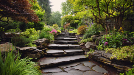 This enchanting image captures a serene garden pathway surrounded by vibrant flowers and lush greenery, creating a tranquil outdoor space.の素材