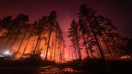 A striking scene depicts tall trees silhouetted against the vibrant orange flames of a forest fire at night, creating a dramatic and ominous atmosphere.の素材