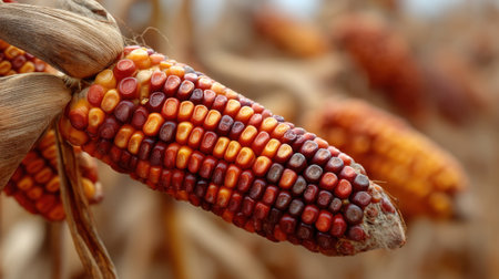 Stunning close-up of vibrant corn kernels showcasing rich colors in a natural harvest scene, emphasizing agricultural beauty and diversity.の素材