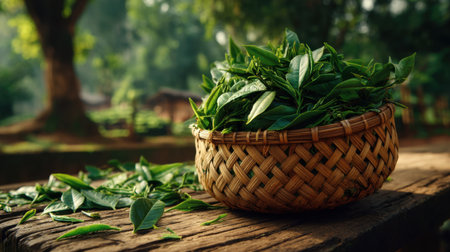 A woven basket filled with freshly picked green tea leaves rests on a rustic wooden table, surrounded by a serene garden setting, capturing the essence of nature bounty.の素材