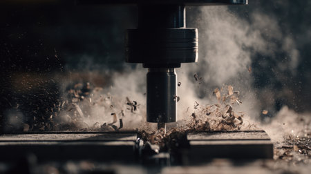 Captured in a workshop, this image showcases a CNC milling machine in action, producing metal shavings and fine dust, highlighting precision engineering.の素材