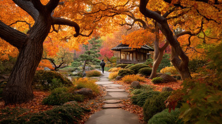 Experience the tranquility of an autumn garden path, adorned with vibrant foliage and traditional architecture, inviting peaceful exploration.の素材