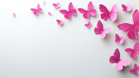 A stunning array of pink butterflies created from paper, gracefully floating against a soft light background, perfect for decoration and nature themes.の素材