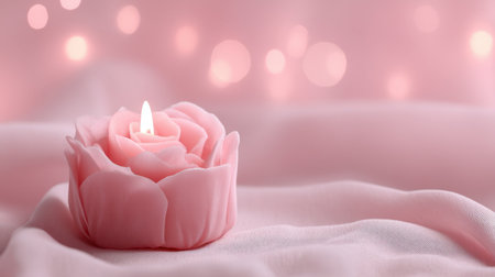 A delicate pink rose-shaped candle emits a warm glow, creating a serene atmosphere on soft fabric, ideal for relaxation or romantic evenings.の素材