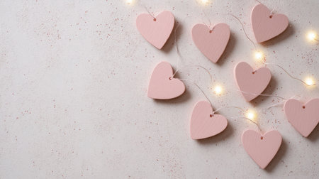 This image features pastel pink hearts illuminated by soft glowing lights against a textured background, perfect for romantic occasions or festive themes.の素材