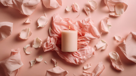 A serene still life featuring a soft pink candle at the center, surrounded by crumpled tissue and delicate petals on a light pink background.の素材