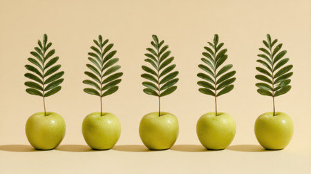 A visually appealing arrangement of green apples topped with sprouting leaves, set against a soft neutral background. Perfect for healthy lifestyle themes.の素材