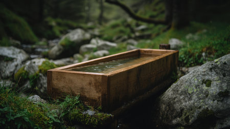 A rustic wooden water trough rests beside a serene stream, surrounded by lush greenery and smooth stones, creating a peaceful natural ambiance.の素材