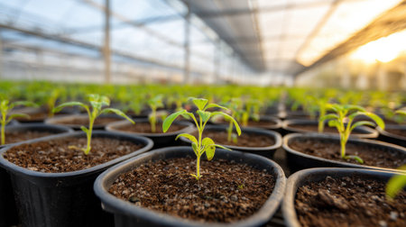 Young green seedlings thrive in black pots within a spacious greenhouse. Soft sunlight filters through, highlighting new life in agriculture.の素材