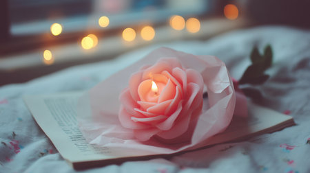 This enchanting image showcases a delicate pink rose candle placed on an open book, illuminated by warm ambient lights, creating a serene and cozy atmosphere perfect for relaxation.の素材