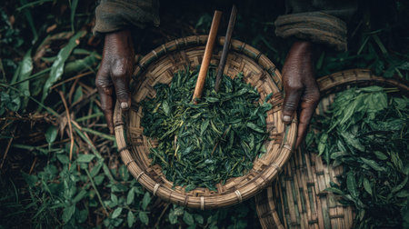 A detailed view of hands holding a woven basket filled with freshly harvested green leaves. The serene setting highlights the connection between nature and traditional harvesting practices, offering a glimpse into sustainable agriculture.の素材