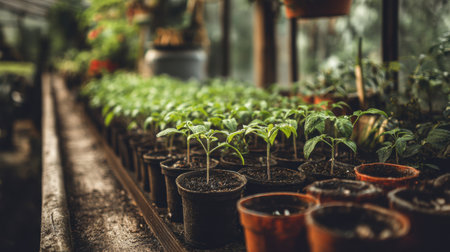 A serene scene capturing young seedlings growing in pots within a vibrant greenhouse, showcasing the nurturing process of plant life and growth.の素材