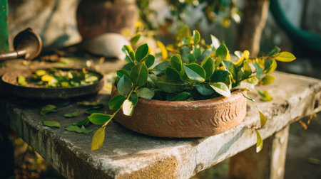 A rustic clay bowl sits on a weathered stone table, filled with vibrant green leaves, capturing the essence of nature and tranquility.の素材
