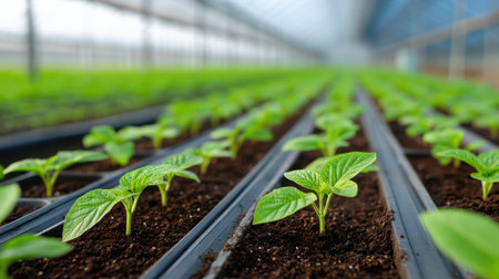 Fresh green seedlings thrive in a well-lit greenhouse, symbolizing growth and potential in agriculture. Ideal for showcasing cultivation techniques.の素材
