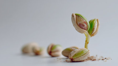 This image features a young pistachio seedling sprouting from its shell, symbolizing nature's growth and renewal in a serene setting.の素材