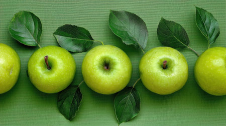 A vibrant display of fresh green apples on a smooth green background, accompanied by lush leaves. Perfect for health, food, and nature themes.の素材