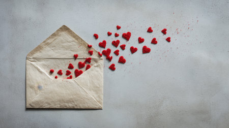 An open envelope releases vibrant red hearts against a textured background, symbolizing love and heartfelt emotions. Perfect for romantic themes.の素材