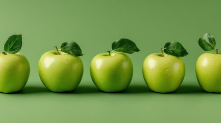 A collection of five fresh green apples with leaves displayed on a soft green background, perfect for illustrating healthy eating and culinary themes.の素材