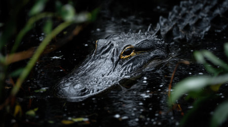 This captivating image showcases a majestic alligator gliding silently through dark waters, surrounded by lush greenery, highlighting the beauty of nature's wilderness.の素材