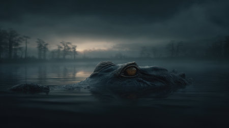 This captivating image features an alligator partially submerged in dark waters, with a glowing eye enhancing the mysterious atmosphere at dusk.の素材