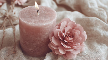 A soft pink round candle rests beside a delicate flower on textured fabric, creating a calm and serene atmosphere perfect for relaxation and decor.の素材