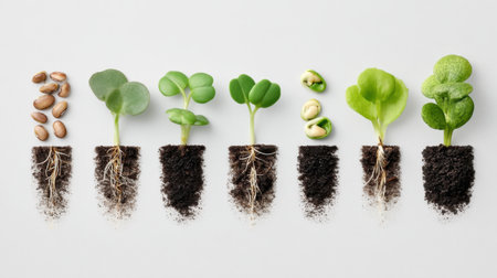 This image showcases the various stages of plant growth, from seeds to young seedlings with roots in rich soil, emphasizing the lifecycle of plants.の素材