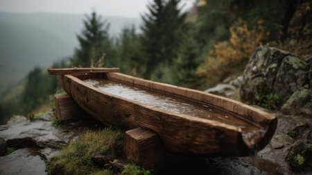 A beautifully crafted rustic wooden water trough sits amidst a tranquil natural landscape, surrounded by lush greenery and misty mountains, evoking a sense of peace and serenity.の素材