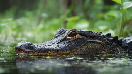 This captivating close-up photo captures the eye of an alligator resting in calm waters amidst lush wetland greenery, showcasing the beauty of wildlife.の素材